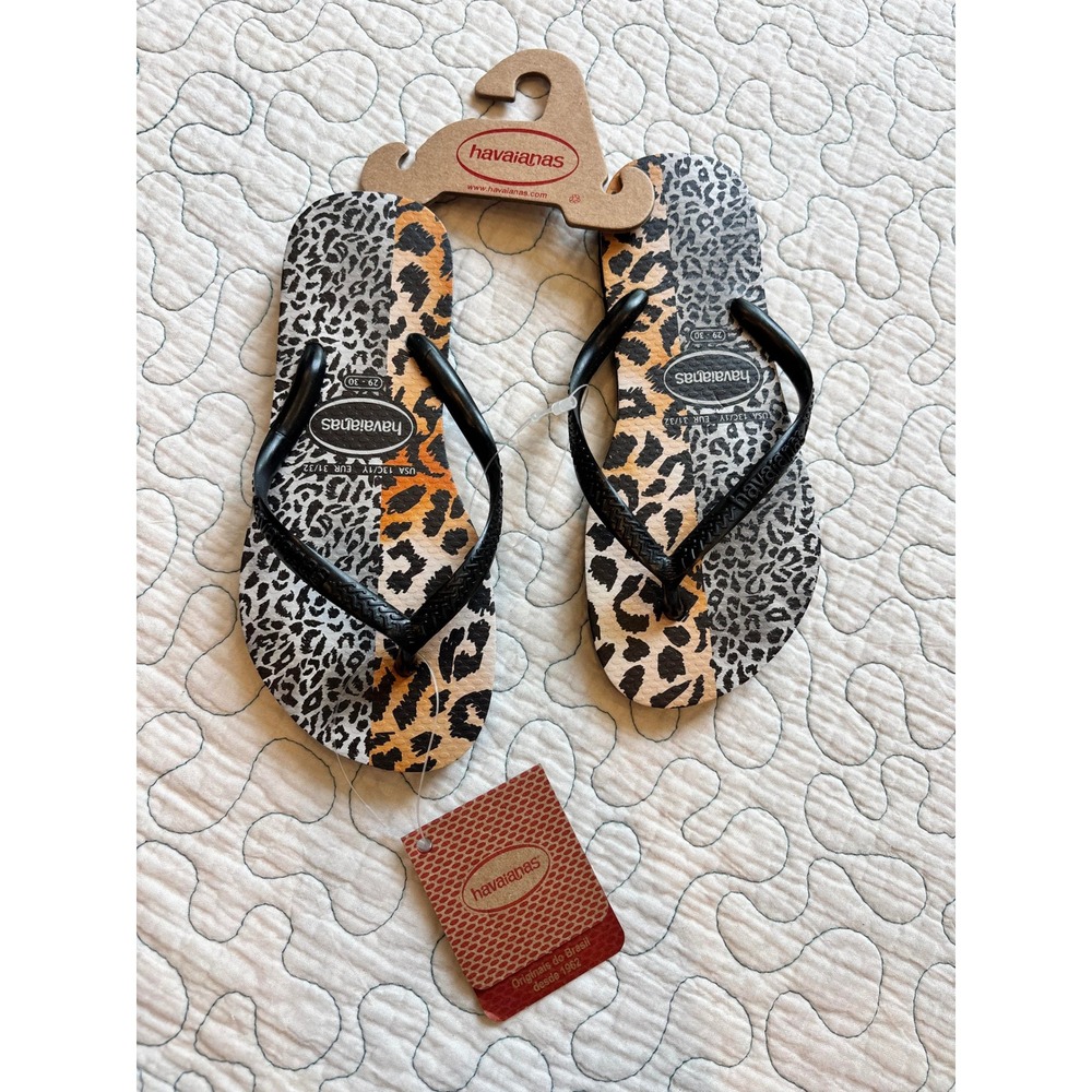 Havaianas Kids Slim Animal Leopard Print Flip Flops Black Tan USA 13C/1Y